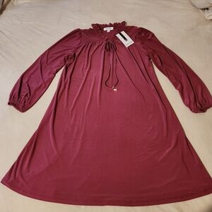 NWT Nine West Womens Sz M Plum Long Sleeve Ruffle Neck Smocked  Shift Dress